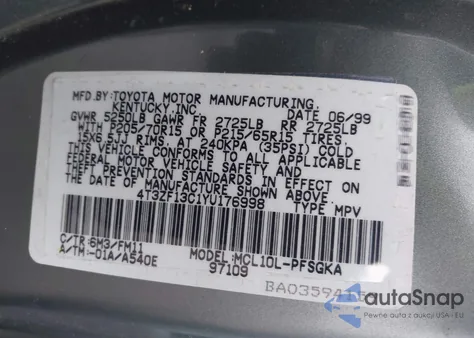 2000 Toyota Sienna Xle z USA, uszkodzony, nr VIN 4T3ZF13C1YU176998